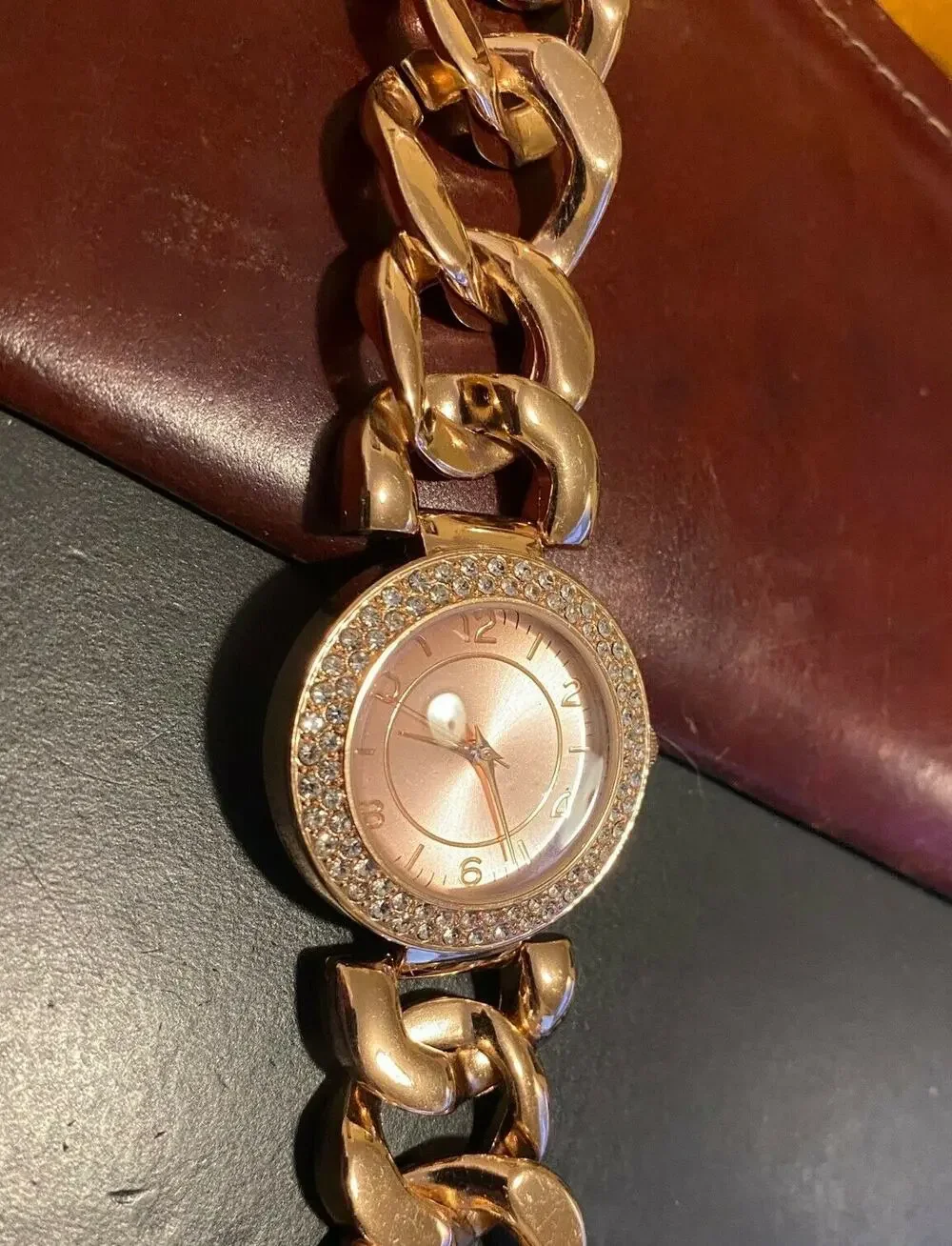 Women's 35mm Rose Gold Tone Watch, Heavy Chain Link Band, Crystal Accents